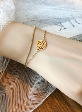 时尚复古双层金色钛钢手链女百搭设计感小众手串气质网红潮手饰品