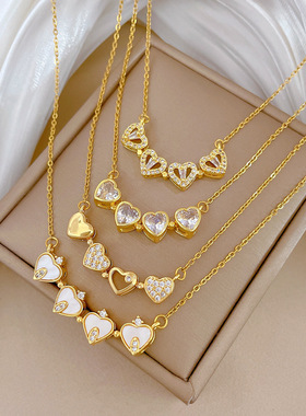 【钛钢】项链女新款一款两戴心连心开合四叶花满钻百搭锁骨链钛钢