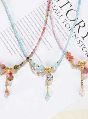 新品绿碧玺心形吊坠项链三圈串珠手链女彩虹碧玺项链手串二合一