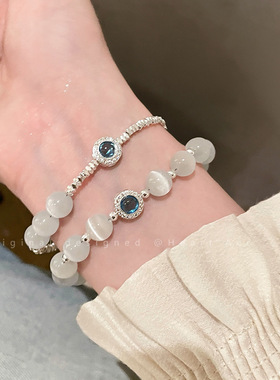 高级感猫眼石串珠手链女复古轻奢气质蓝色珠子手串爆款网红手饰品