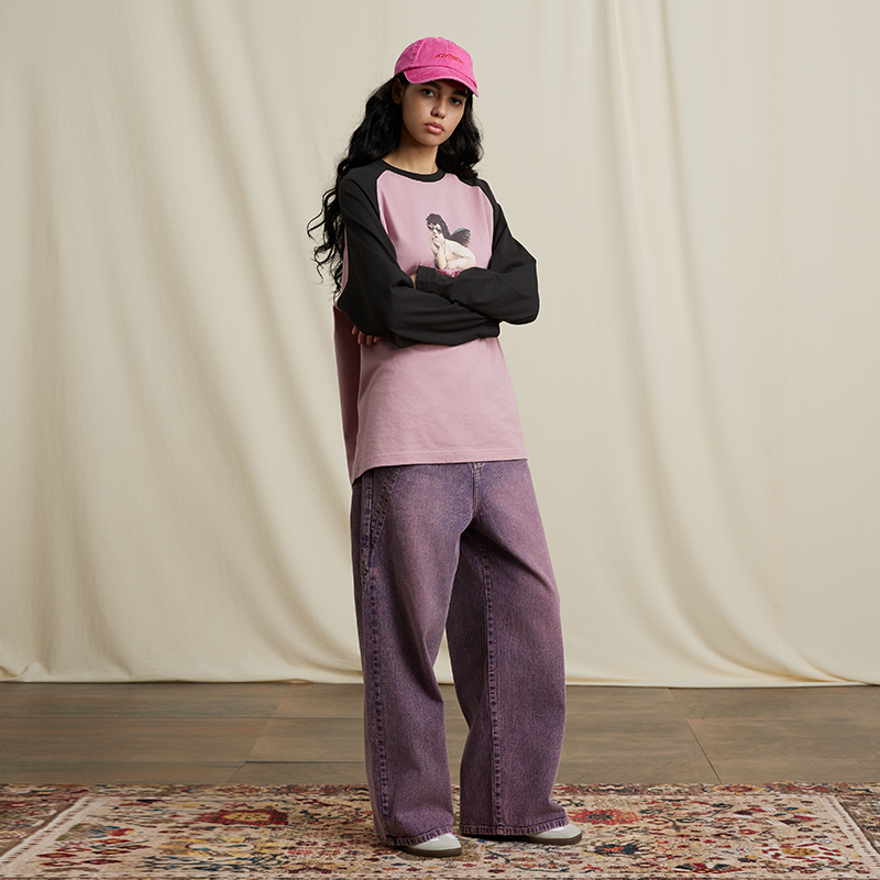 JOYRICH美式复古天使印花T恤男女同款宽松插肩圆领打底外穿长袖