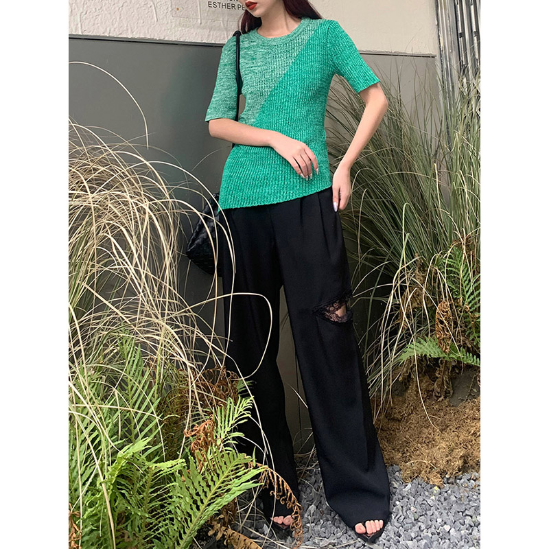 【LAMBO】3米腿长！不对称蕾丝拼接 挖空设计 黑色阔腿裤长裤西裤 - 图2