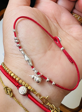 极细手工八股蜡线本命年红绳925银葫芦方糖福坨手绳男女情侣礼物