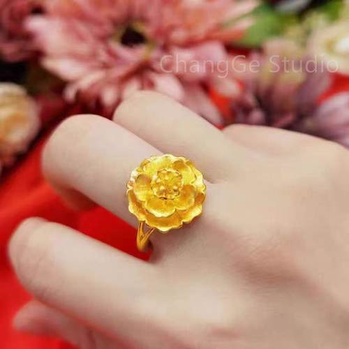ChangGe Studio 镀金花朵戒指防沙金女款复古戒指新娘婚庆富贵花 - 图1