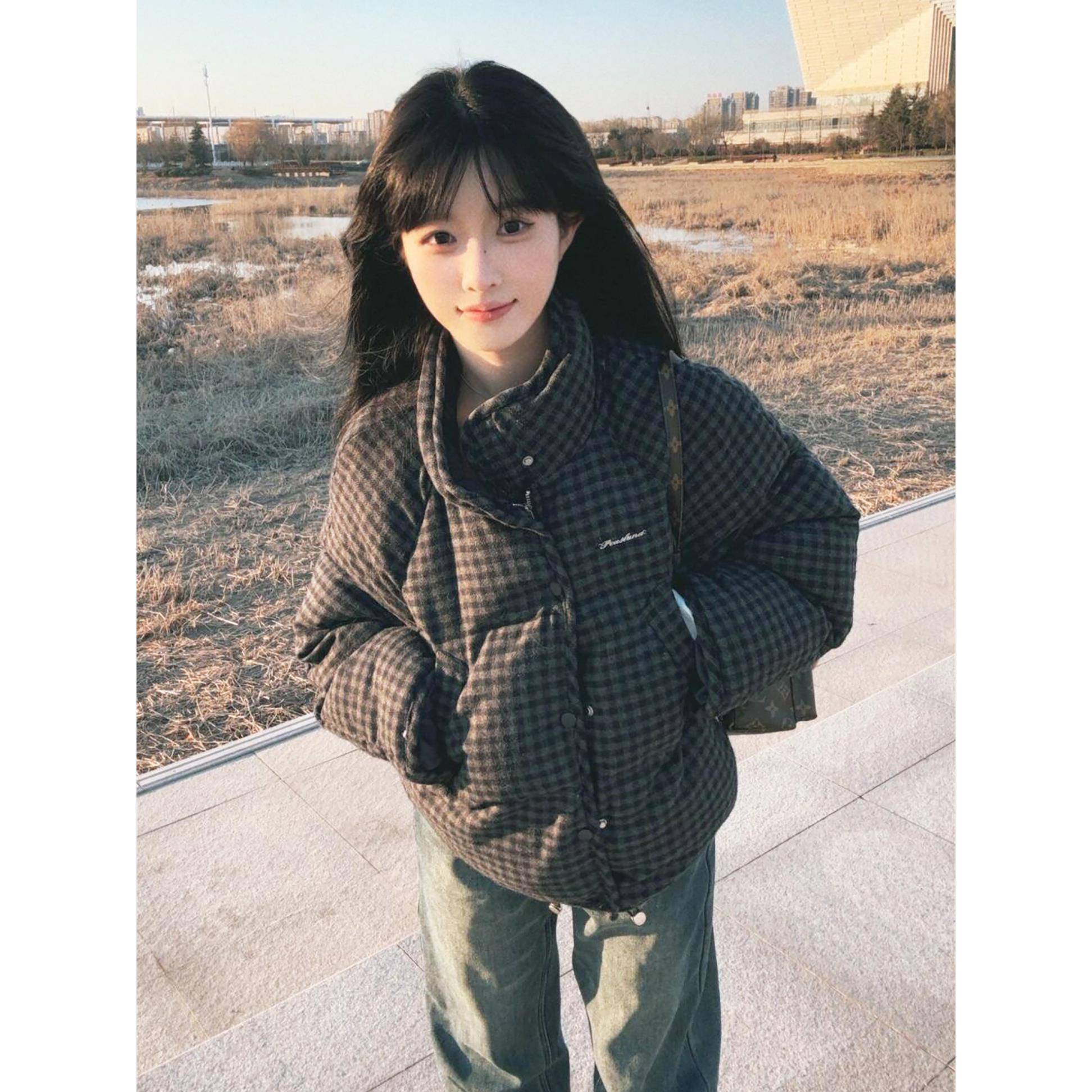 格子加厚羽绒棉服女冬季2025新款立领韩系呢子面包服学生棉袄外套 - 图3