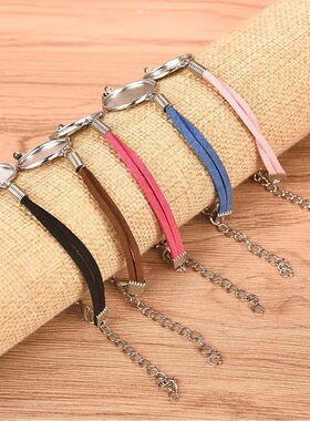 DIY不锈钢空白时光宝石底拖韩国绒时托盘黑色皮绳男女手饰