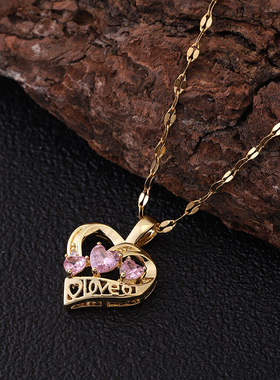 韩版日系粉钻锆石LOVE爱心吊坠锁骨链女百搭钛钢保色真金电镀项链