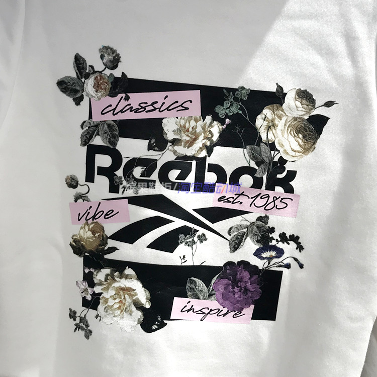 缤果鞋柜锐步Reebok黑白花卉纯棉女子连帽卫衣加绒套头衫GK1535