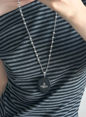 黑色土星西太后木质椭圆项链