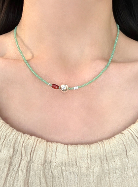 多巴胺绿色琉璃米珠圆珠项链