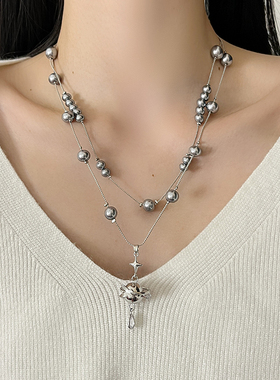 灰色珍珠项链女星球吊坠设计感