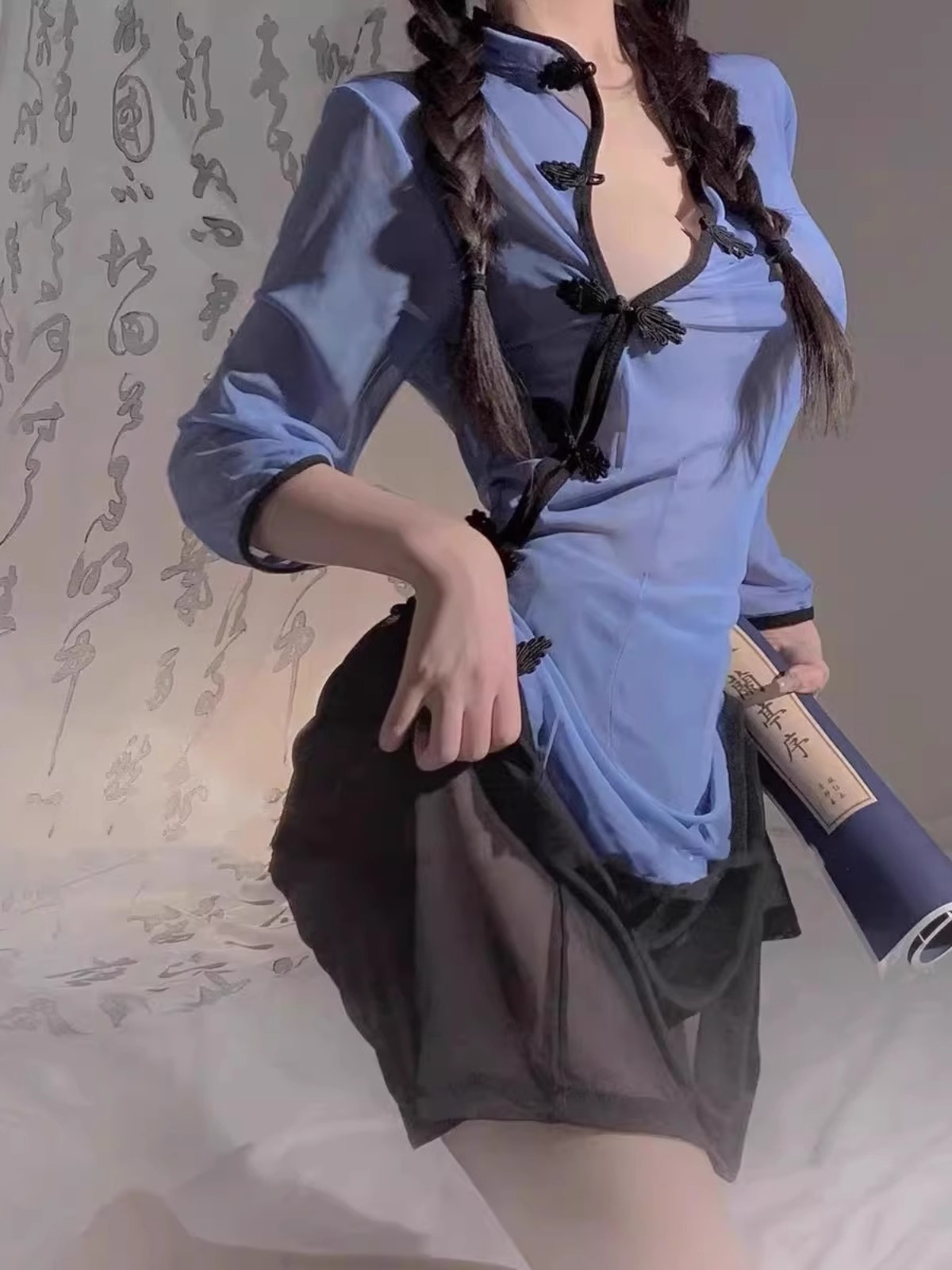 旗袍高开叉床上性感睡衣吊带睡裙情侣女款纯欲高级感晴趣味内衣女 - 图0