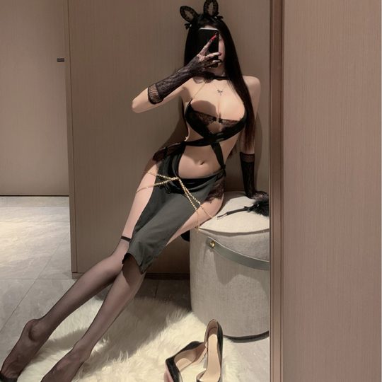 Cleopatra*Egyptian Cat Gold Chain Embellished Dress Hollow High Cut Exotic Dancer Sexy Backless Nightgown