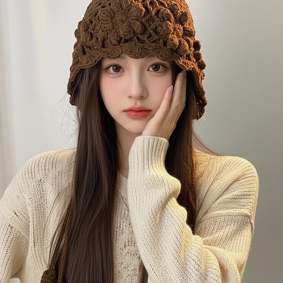 加厚双层手工钩织花朵流苏毛线帽女秋冬百搭时尚显脸小针织包头帽
