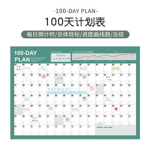 计划表100天/365天学习减肥健身打卡计划表墙贴日历目标自律体重记录存钱贴纸日记本创意时间表日程百日周月 - 图1