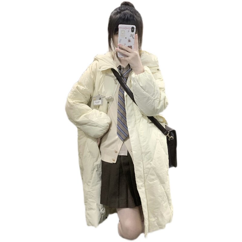 自制原创韩系jk外套学院风牛角扣菱形格小个子过膝长款连帽羽绒服