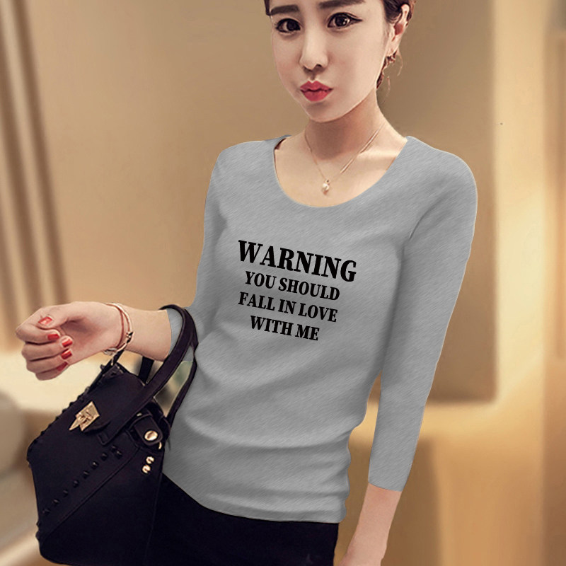 字母印花粉色七分袖t恤v领打底衫 正丫T恤