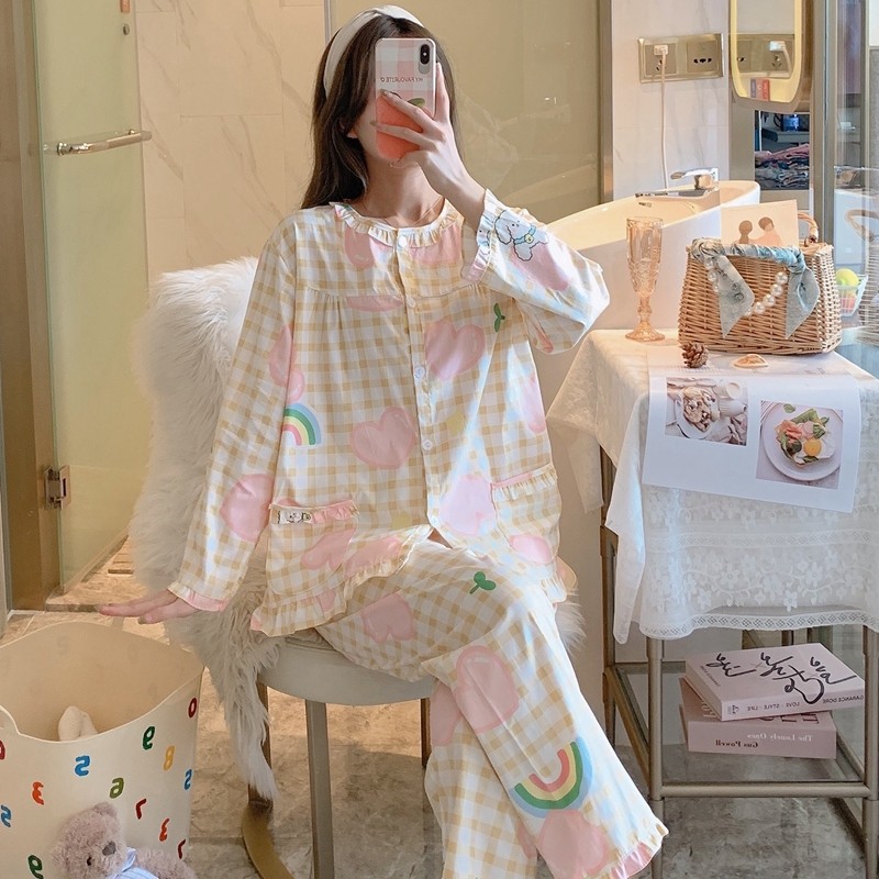 春秋长袖梭织棉布家居服纯棉睡衣 qusmiyan秋水名媛睡衣/家居服套装