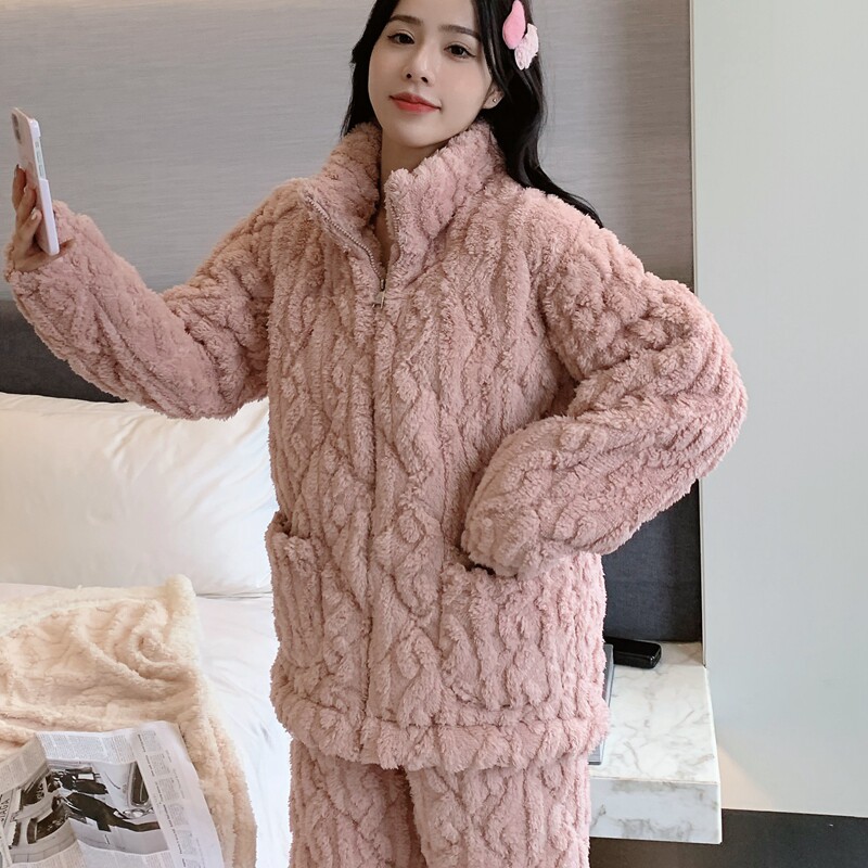 珊瑚绒秋冬三层加绒长袖夹棉睡衣 qusmiyan秋水名媛睡衣/家居服套装