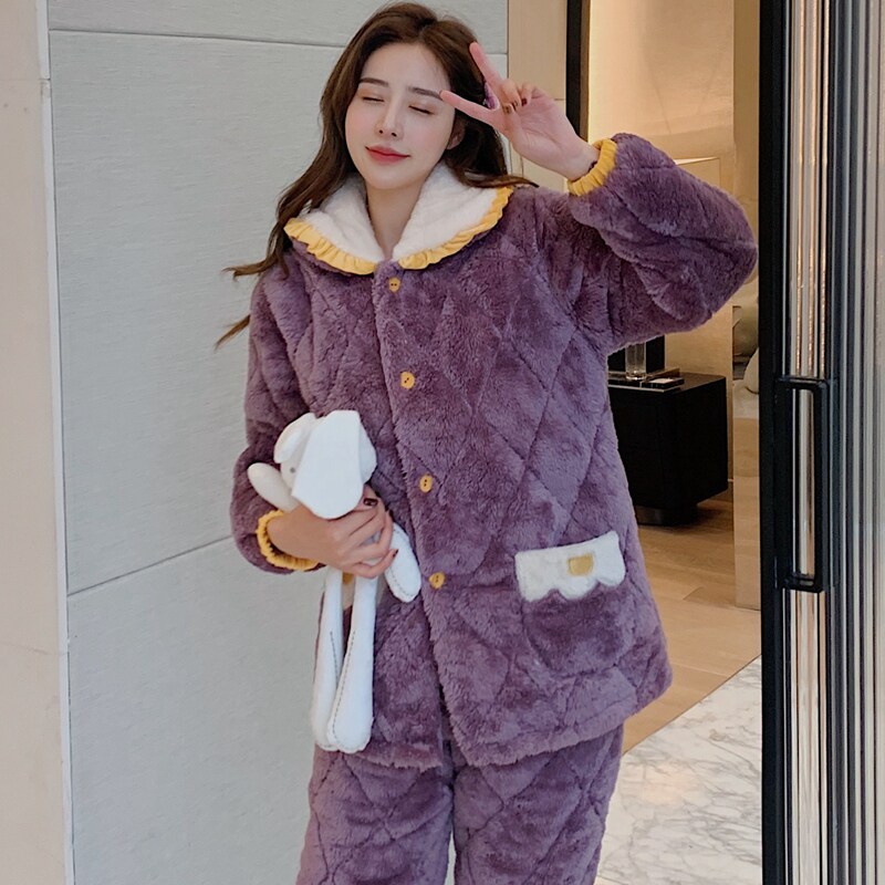 冬加厚三层夹棉超厚加绒珊瑚绒睡衣 qusmiyan秋水名媛睡衣/家居服套装