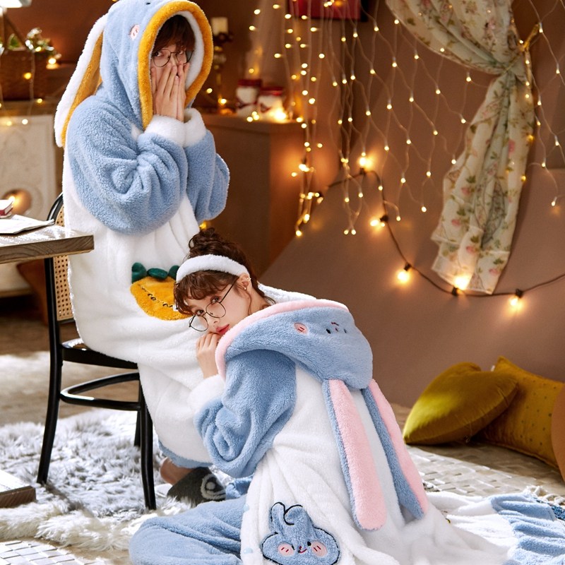 珊瑚绒情侣冬男女秋冬长袖加绒睡袍 qusmiyan秋水名媛睡衣/家居服套装