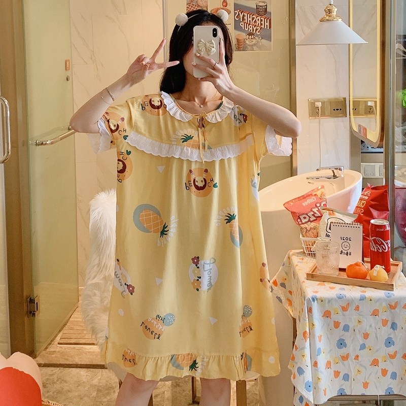 短袖夏睡衣裙人造棉连衣裙薄款睡衣 qusmiyan秋水名媛睡裙