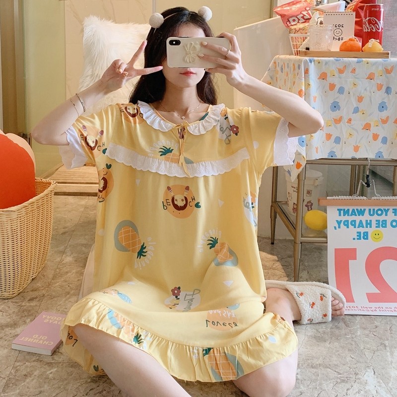 短袖夏睡衣裙人造棉连衣裙薄款睡衣 qusmiyan秋水名媛睡裙