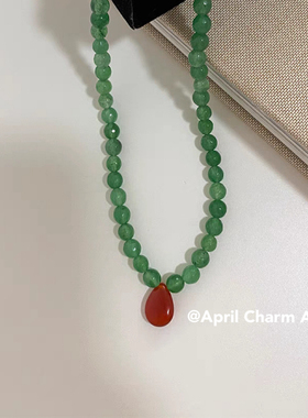 AC Mona同款绿色串珠项链红色水滴天然石颈链国风叠戴复古锁骨链