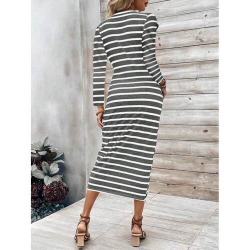 Women's printed striped pullover lace up dress - 图2
