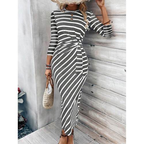 Women's printed striped pullover lace up dress - 图3