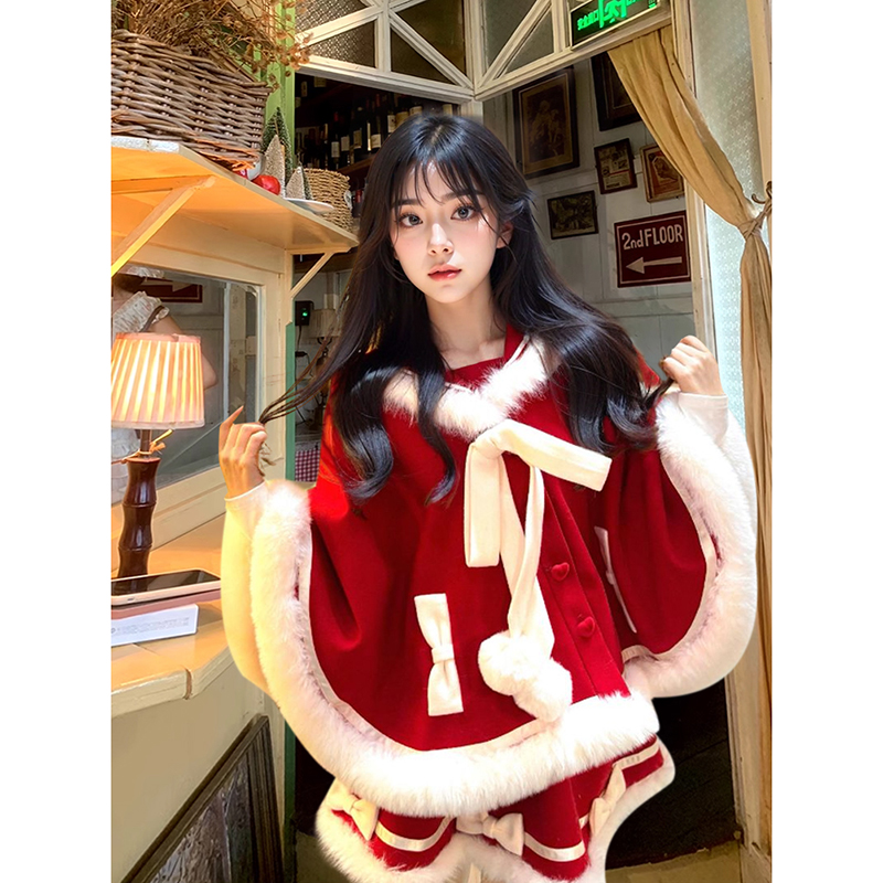 绒绒雪 秋冬可爱甜美毛边连帽斗篷少女纯欲蓬蓬短裙洋装圣诞套装 - 图2