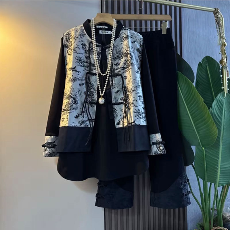 新中式大码女装2025秋季新款国潮风提花马甲打底衫裤子显瘦三件套,淘宝优惠券,粉丝福利购,淘宝优惠卷