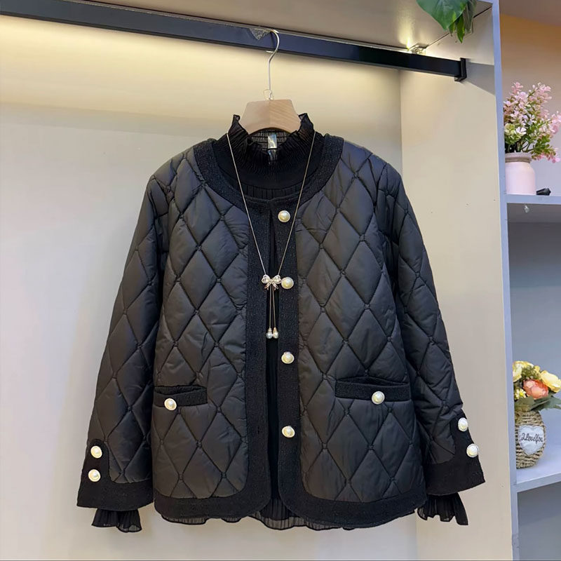 欧货大码女装2025秋冬款小香风轻奢时尚拼接压格纽扣棉服显瘦外套,淘宝优惠券,粉丝福利购,淘宝优惠卷