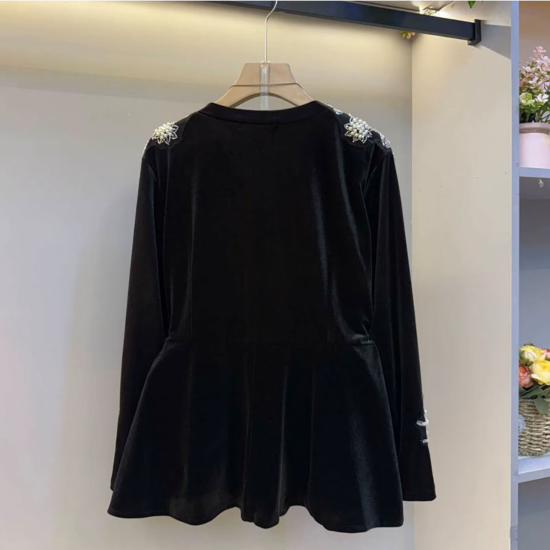 欧货大码女装时尚优雅风重工钉珠亮片黑色丝绒V领设计感长袖上衣,淘宝优惠券,粉丝福利购,淘宝优惠卷