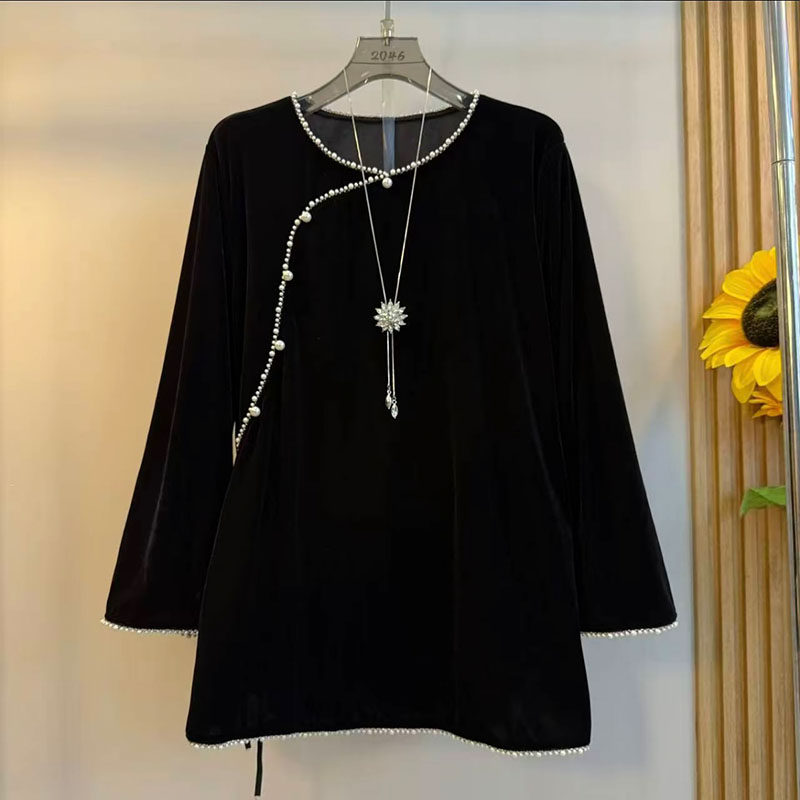 新中式大码女装2025秋季款国潮风钉珠丝绒长袖衬衫显瘦裤子两件套,淘宝优惠券,粉丝福利购,淘宝优惠卷