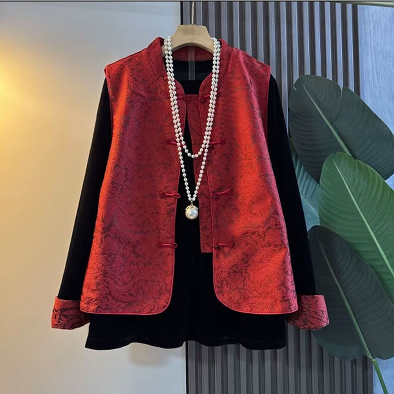 新中式大码女装轻奢国潮风洋气提花盘扣马甲小衫新年穿显瘦两件套,淘宝优惠券,粉丝福利购,淘宝优惠卷