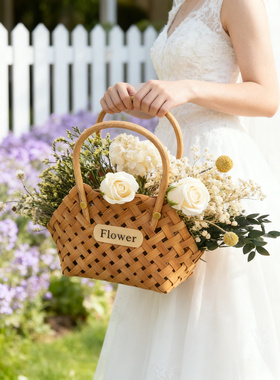 森系藤编花篮婚礼桌面摆件