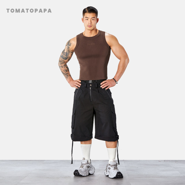 TOMATOPAPA retro workwear style multi-pocket cropped pants men's loose zipper casual pants summer straight pants