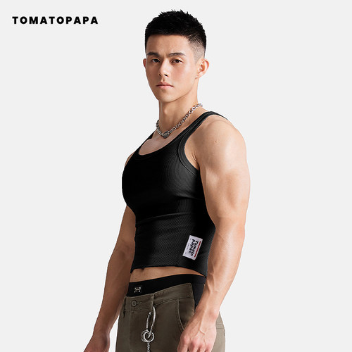 TOMATOPAPA背心短款螺纹高弹百搭跑步健身运动青年情侣训练服上衣 - 图0