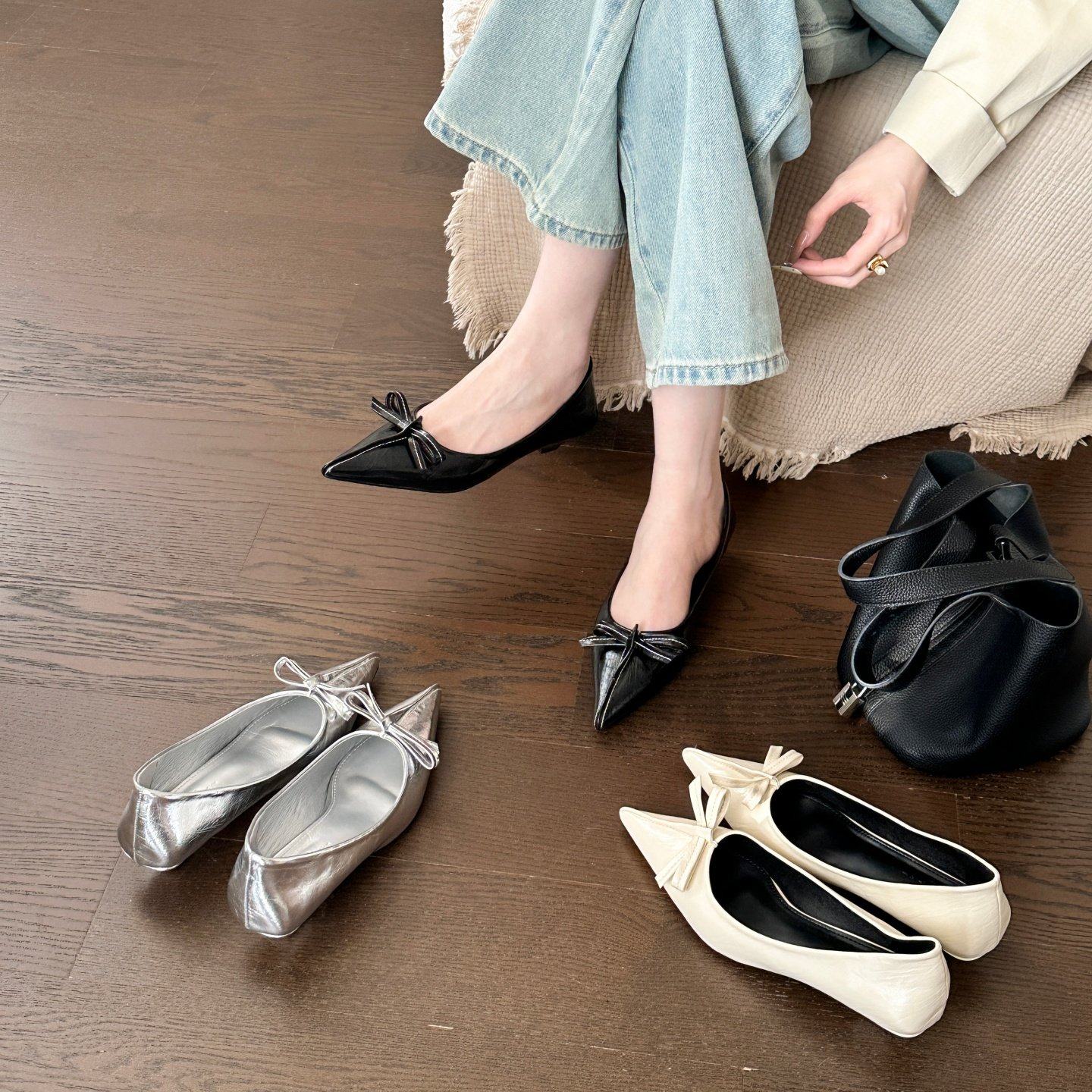 Mi Ke 2025年新款尖头蝴蝶结浅口单鞋女粗跟百搭一脚蹬软底豆豆鞋,淘宝优惠券,粉丝福利购,淘宝优惠卷