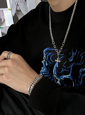 ins十字架项链拼接镶钻潮流项链男潮嘻哈轻奢毛衣链女小众锁骨链