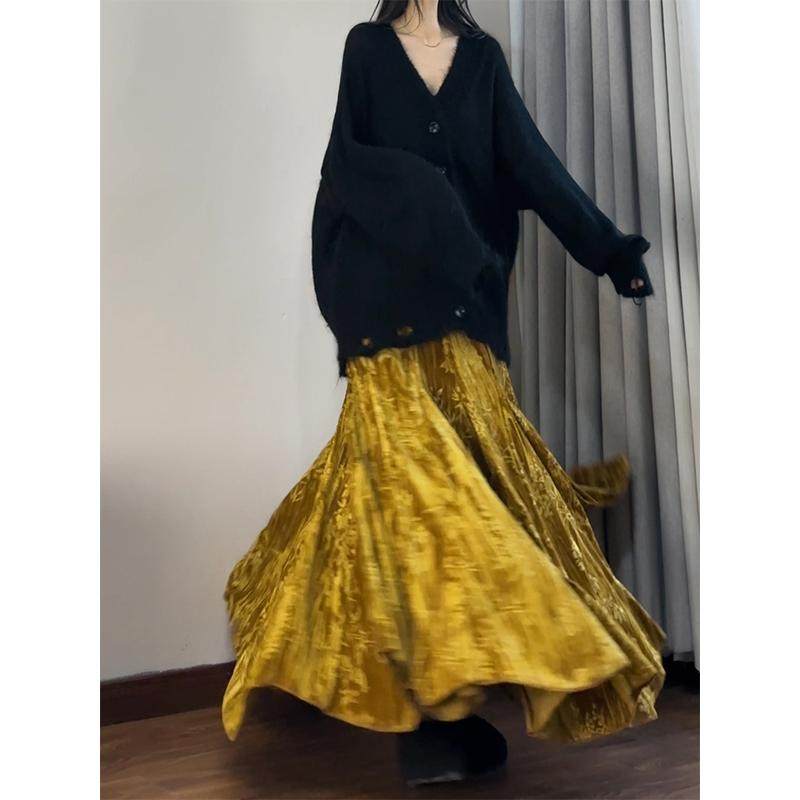 读衣术鎏金色印花半身裙 中式老钱风丝绒长裙 不规则金丝绒鱼尾裙,淘宝优惠券,粉丝福利购,淘宝优惠卷