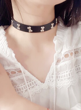 金属铆钉甜酷辣妹choker项链 骨头皮革颈圈 小众嘻哈风性感锁骨链