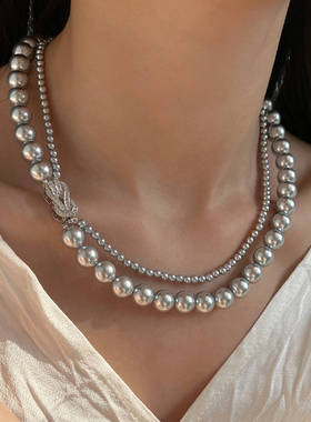 双层叠戴灰珍珠项链颈链