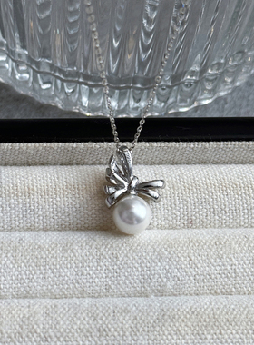 蝴蝶结钻珍珠项链吊坠s925纯银锁骨链毛衣链澳白轻奢小众高级感女
