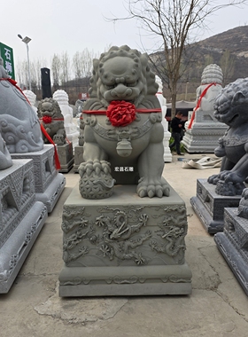 青石狮子一对2.2米 万源青石大红花狮子寺庙祠堂景区入口石头狮子