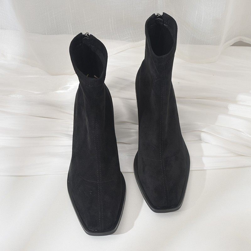 步享~ 方头绒面短靴子女2025春秋新款弹力瘦瘦靴粗跟单靴中跟袜靴,淘宝优惠券,粉丝福利购,淘宝优惠卷