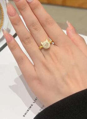 可旋转招财猫戒指轻奢开口可随意调节网红同款洋气百搭个性食指戒