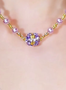 简约宫廷复古风紫色钻球磁吸珍珠项链小众设计百搭高级颈链锁骨链
