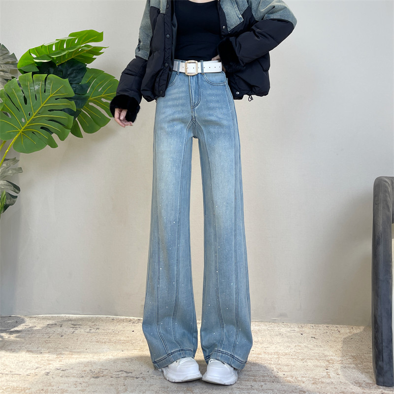 迪否冬季加绒气质镶钻窄版阔腿裤新款不贴腿垂感宽松休闲牛仔裤,淘宝优惠券,粉丝福利购,淘宝优惠卷